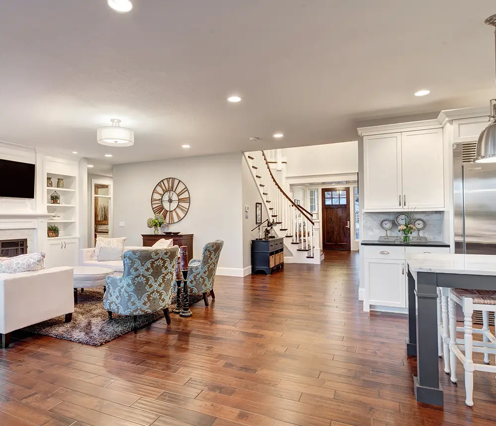 Hardwood flooring in an open space kitchen