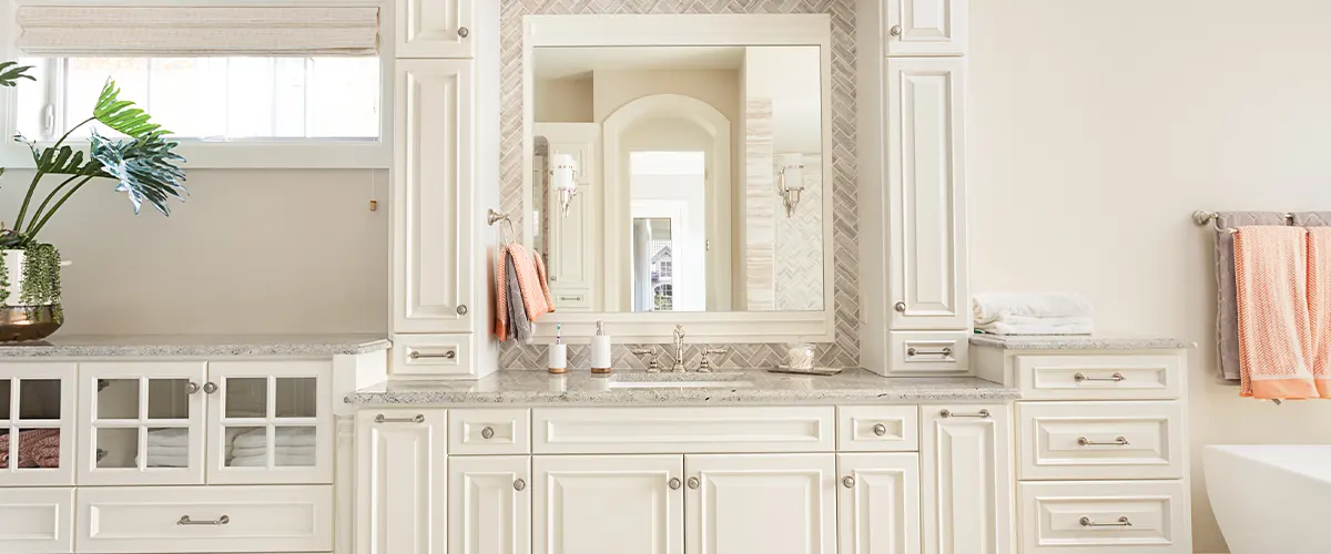 large white wood vanity with mirror
