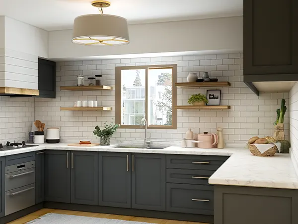 simple kitchen with backsplash and black cabinets