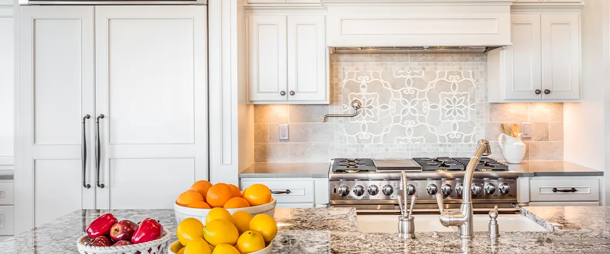 wooden white kitchen cabinets in kitchen