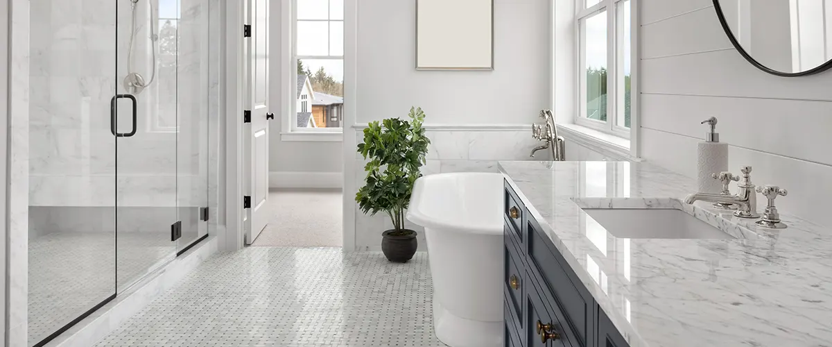 large bathroom with steam shower and tub