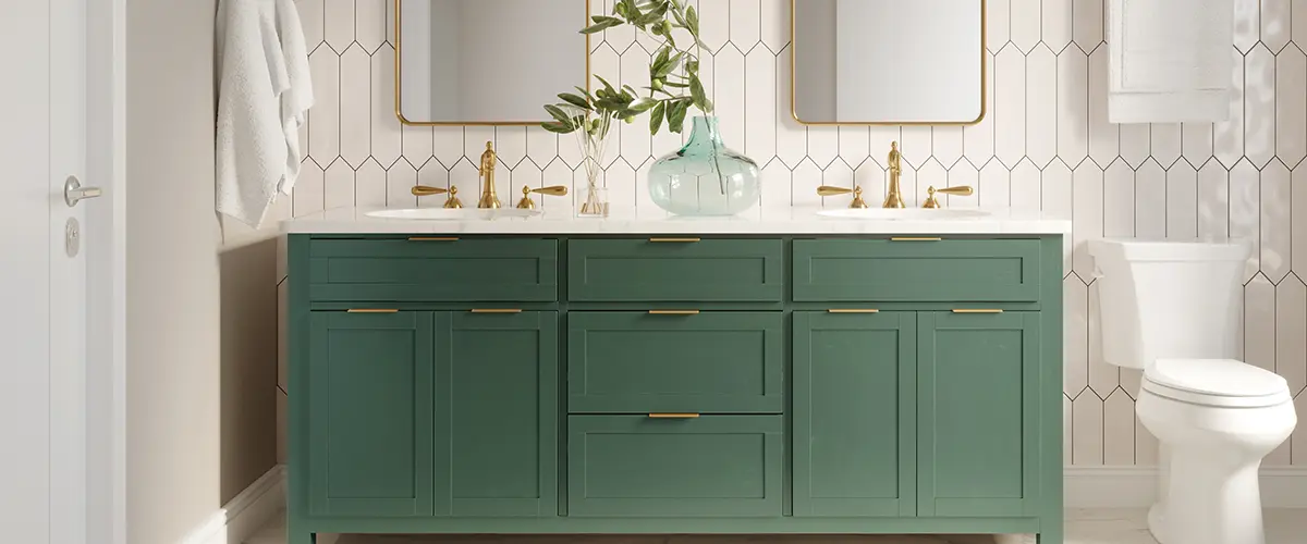 A green vanity in an upscale bathroom