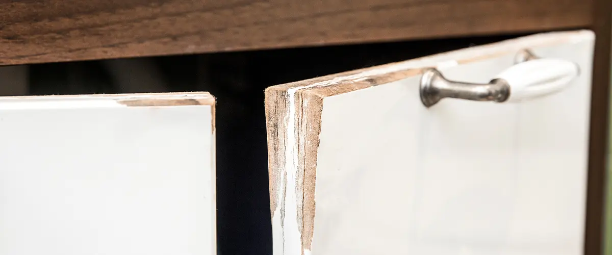 Visible wear and tear on a kitchen cabinet