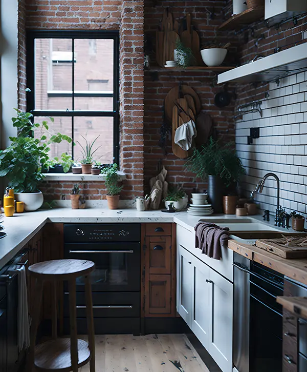 Photo of a rustic kitchen with exposed brick wall and wooden floors