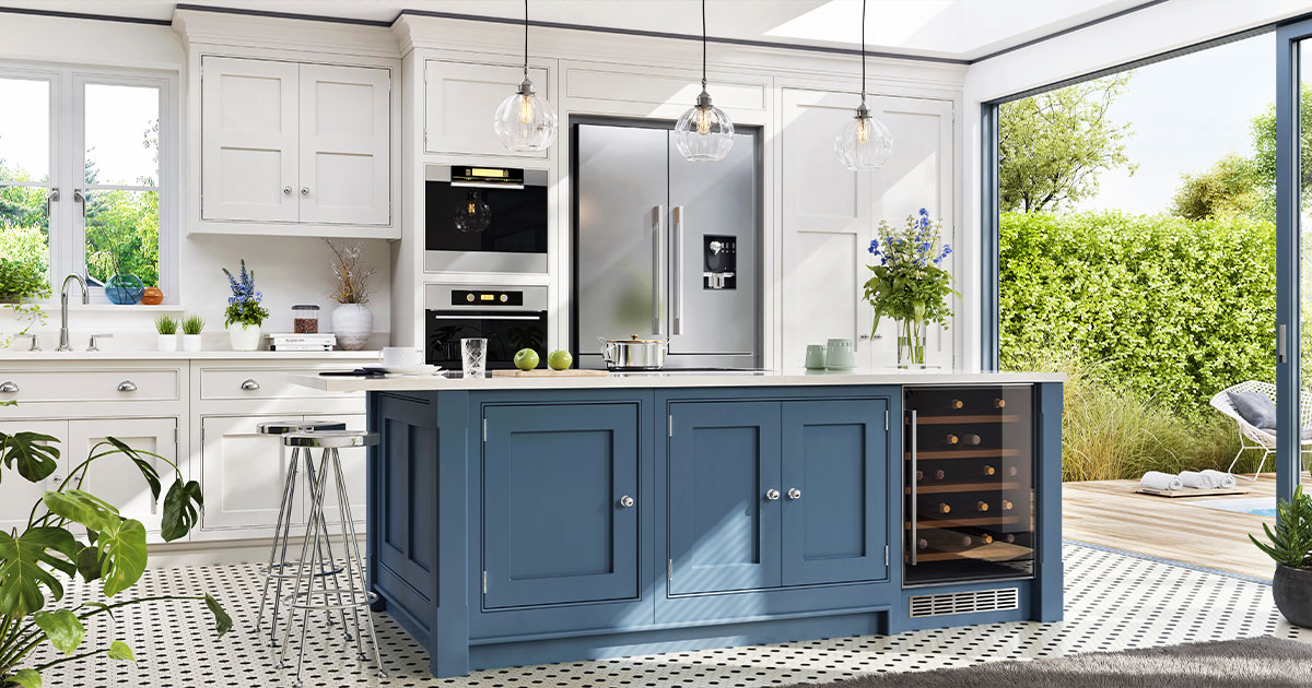 Top 10 Kitchen Remodeling Companies Reno, NV Modern kitchen with blue island, white cabinets, stainless steel appliances.