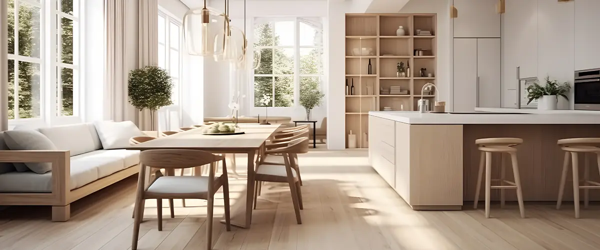 Dining room and kitchen in a new open plan home. Features White walls and ceiling and parquet floors. Beautiful furniture made of wood and marble light-colored