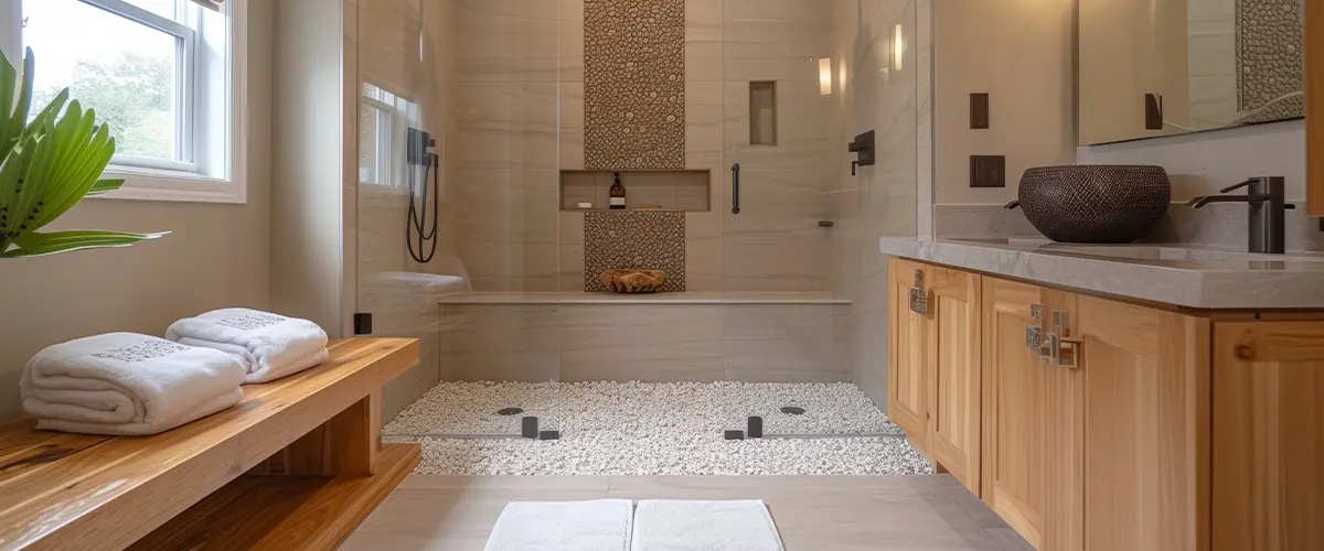 Modern bathroom remodeling in Sparks, with a glass-enclosed shower featuring dual showerheads, pebble stone accents, a wooden bench, and light wooden cabinetry.