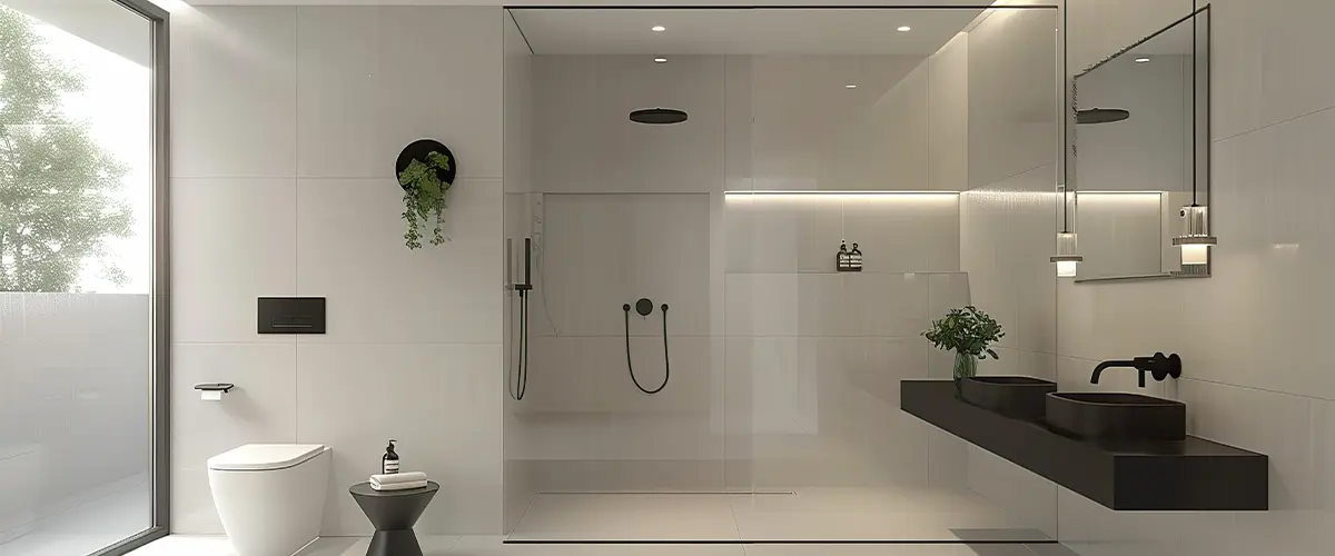 Minimalist luxury bathroom with open shower, frameless shower doors, floating vanity, and sleek black fixtures - modern bathroom design and renovation.