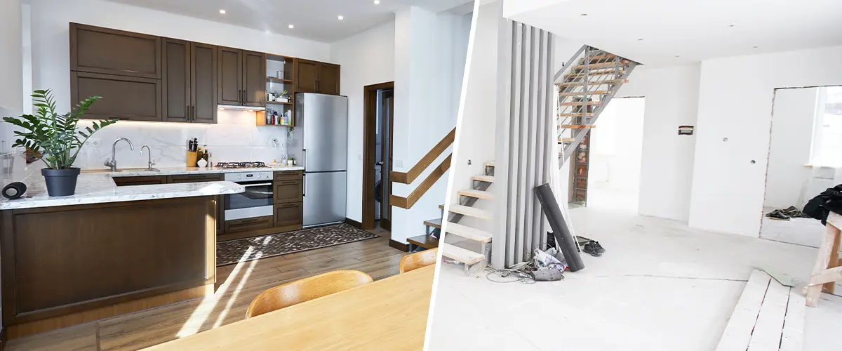 Side-by-side comparison of a home remodeling showing the transition from construction to a completed modern kitchen and living area.