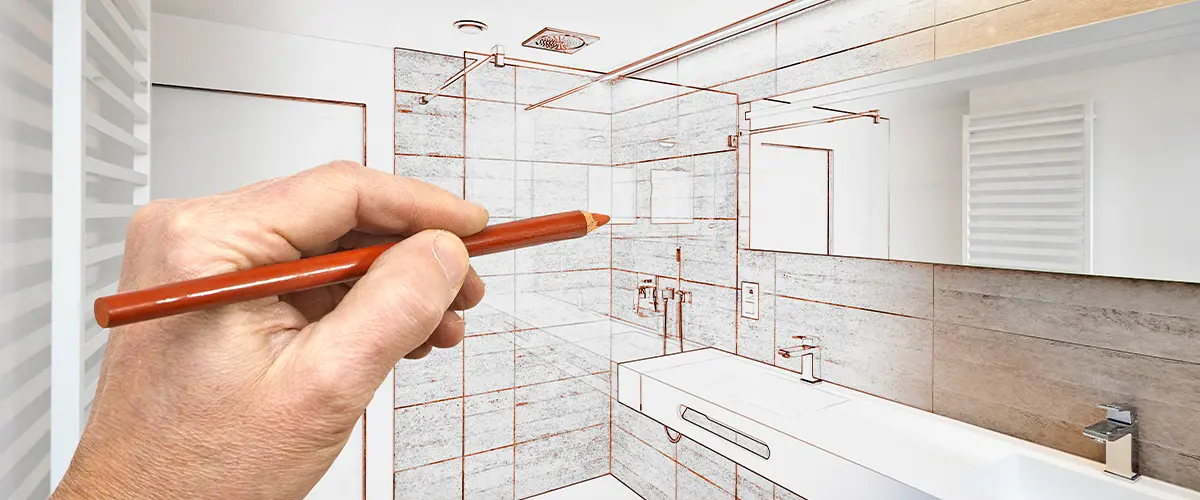 Hand sketching bathroom renovation plan with modern fixtures - concept for creative bathroom remodeling and interior design.